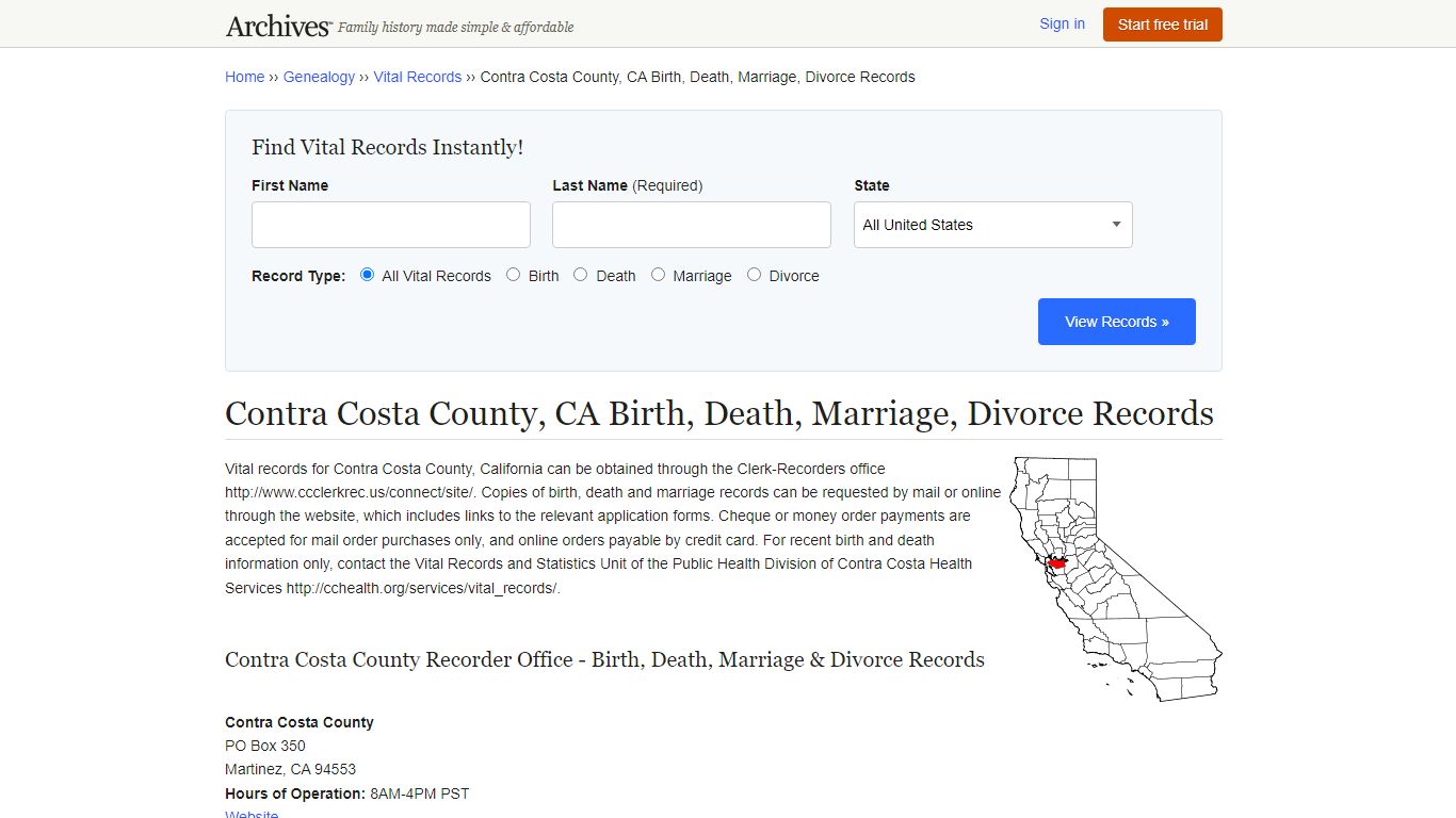 Contra Costa County, CA Birth, Death, Marriage, Divorce Records